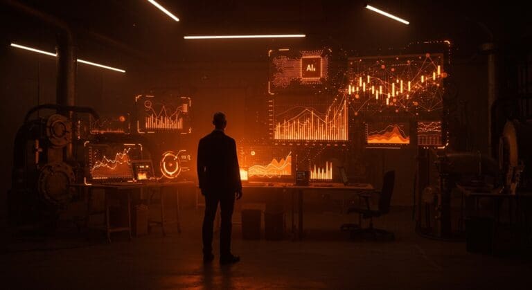 Jeff Bezos con interfaz holográfica de inteligencia artificial y gráficos financieros representando financiamiento récord en IA y tendencias tecnológicas.