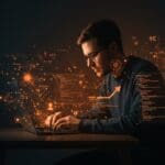 Desarrollador utilizando un IDE AI-First para React acelerando el desarrollo frontend con IA, representado en colores naranja y negro del ecosistema startup.