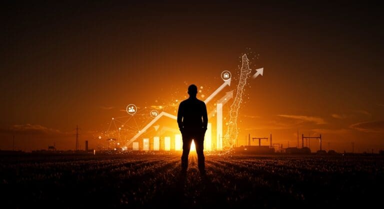 Juan Sutil liderando la expansión internacional del sector agroindustrial chileno con un paisaje agroindustrial y símbolos de negocios globales.