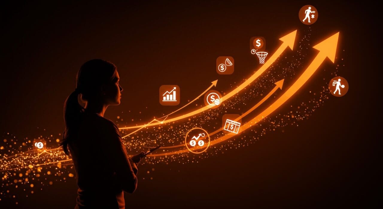 Inversión creciente en deportes femeninos representada por una inversora observando un estadio digital con símbolos de startups y atletas femeninas iluminadas en naranja y negro.