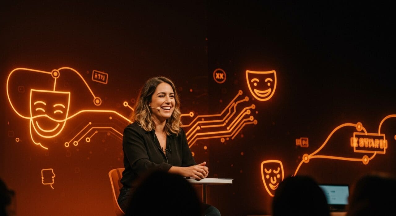 Karol Blum inspirando con humor tecnocreativo en ETM Day 2025, promoviendo innovación y emprendimiento en el ecosistema startup.