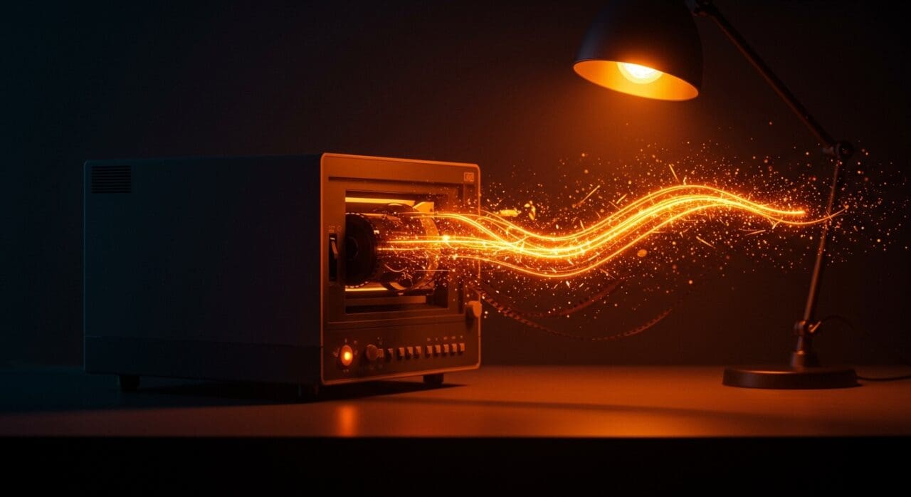 Escáner filmscanner 35mm Knokke en tonos naranja y negro destacando la digitalización profesional y automatizada de película analógica en casa.