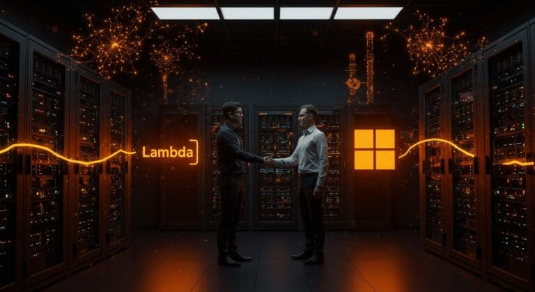 Acuerdo de infraestructura de IA entre Lambda y Microsoft con Nvidia, simbolizando alianzas estratégicas y expansión tecnológica en el ecosistema startup.