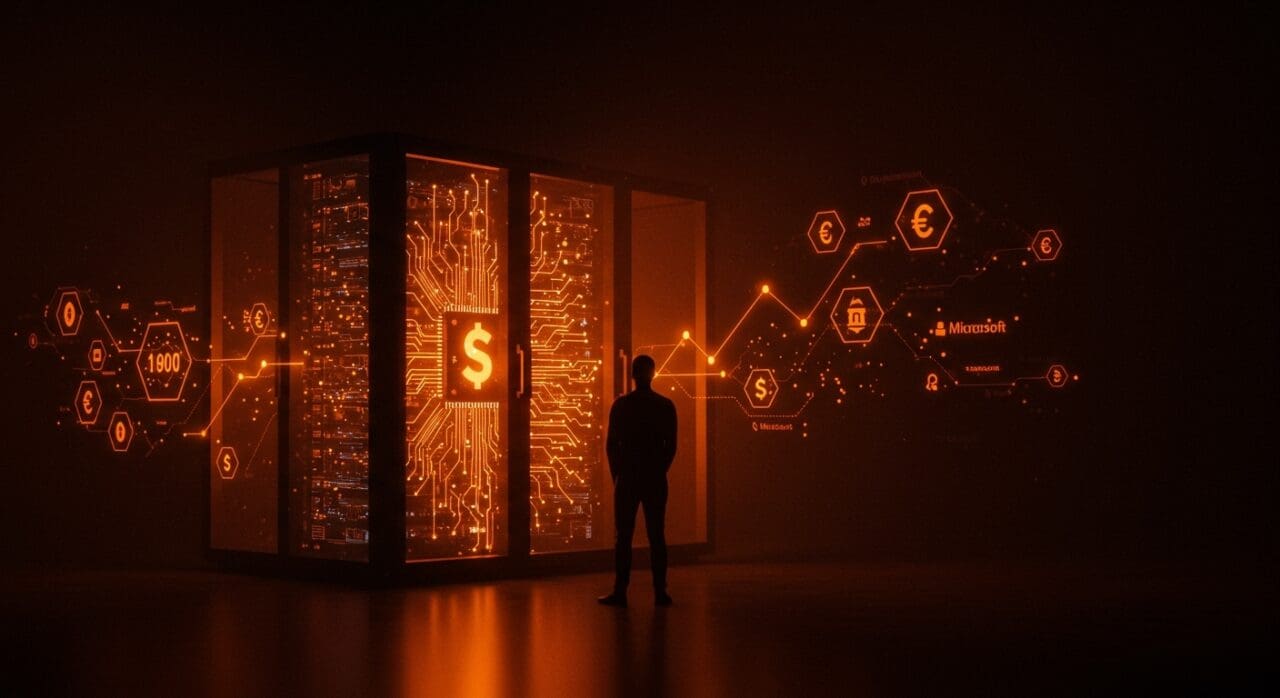 Fundador de startup frente a un centro de datos futurista iluminado, simbolizando financiación multimillonaria e infraestructura de IA con Microsoft.