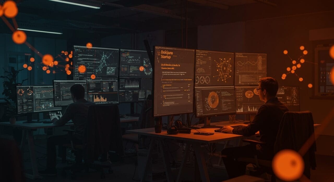 Ingenieros de soporte técnico open source trabajando en Berlín con visuales de inteligencia artificial aplicada y cultura startup en ambiente tecnológico.