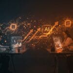 Equipo colaborando en investigación y financiación temprana de inteligencia artificial con hologramas y redes neuronales abstractas en tonos naranja y negro.