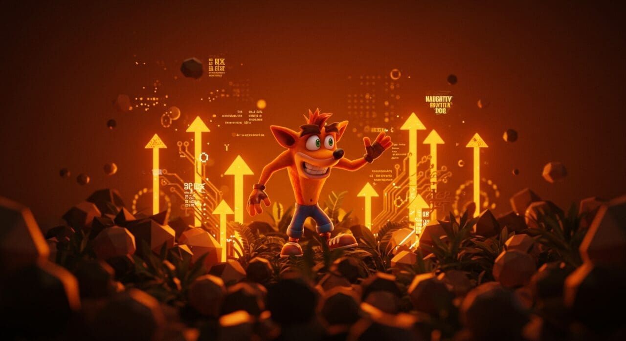 Imagen de Crash Bandicoot emergiendo entre códigos digitales destacando lecciones de innovación tecnológica para startups de videojuegos.