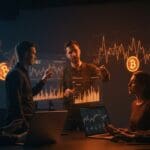 Equipo fintech trabajando con gráficos de volatilidad de Bitcoin y sistemas de gestión de riesgos en un entorno tecnológico avanzado.