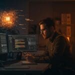 Founder de startup evaluando textos generados por inteligencia artificial fine-tuned en entorno tecnológico moderno.