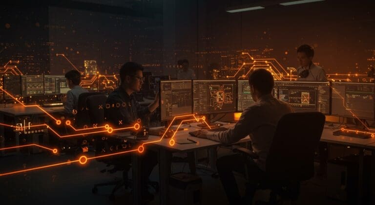 Equipo colaborando con software libre de diseño electrónico automatizado en entorno de hardware abierto con interfaz futurista en colores naranja y negro.