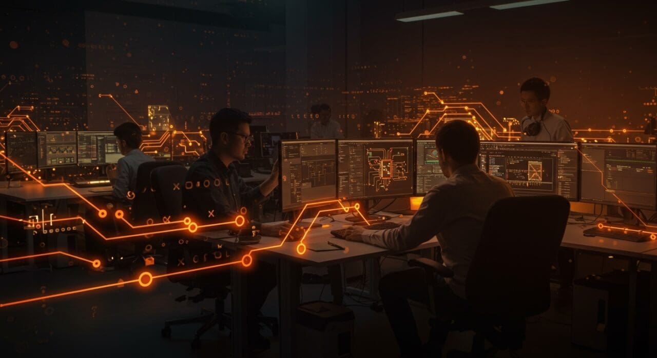 Equipo colaborando con software libre de diseño electrónico automatizado en entorno de hardware abierto con interfaz futurista en colores naranja y negro.