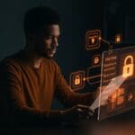 Founder de startup gestionando licenciamiento de fuentes digitales con elementos visuales que representan riesgos legales y alternativas a Monotype en branding digital.