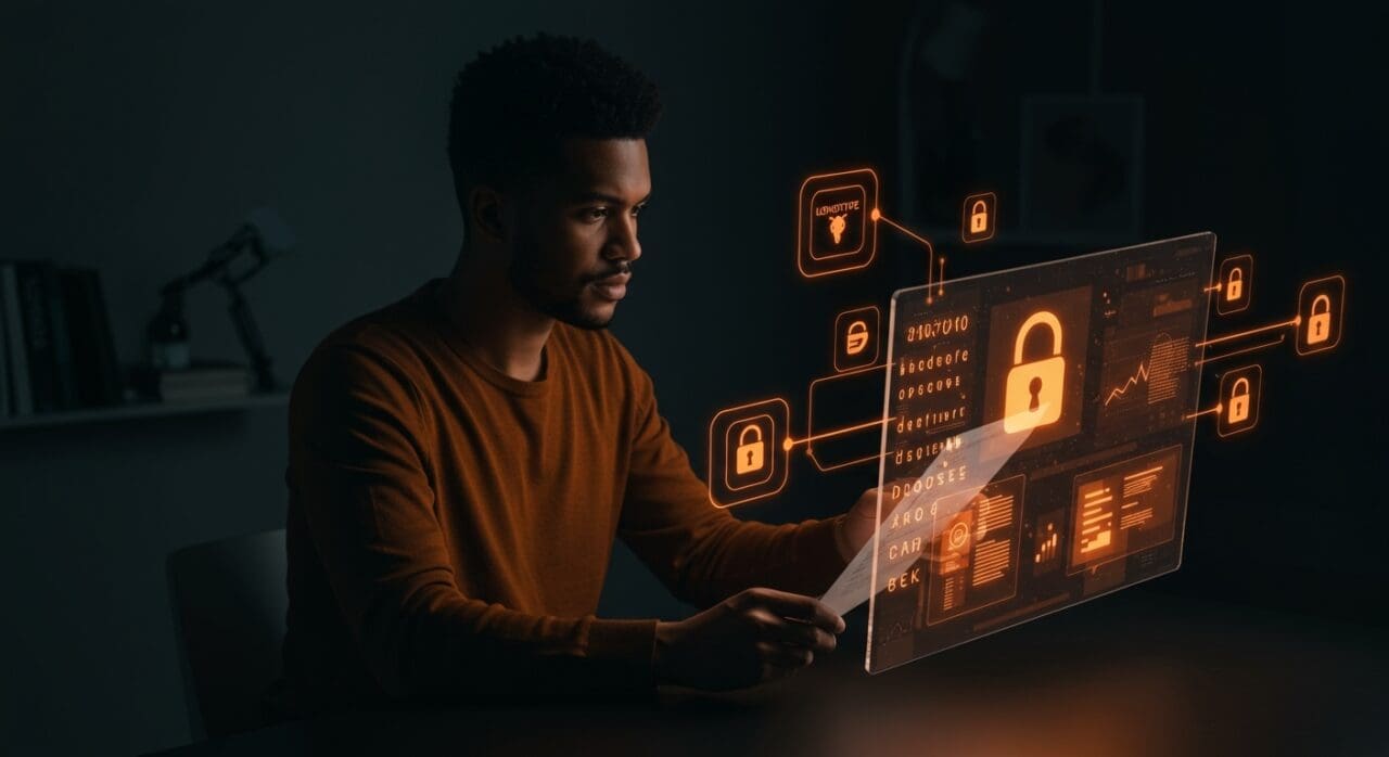 Founder de startup gestionando licenciamiento de fuentes digitales con elementos visuales que representan riesgos legales y alternativas a Monotype en branding digital.