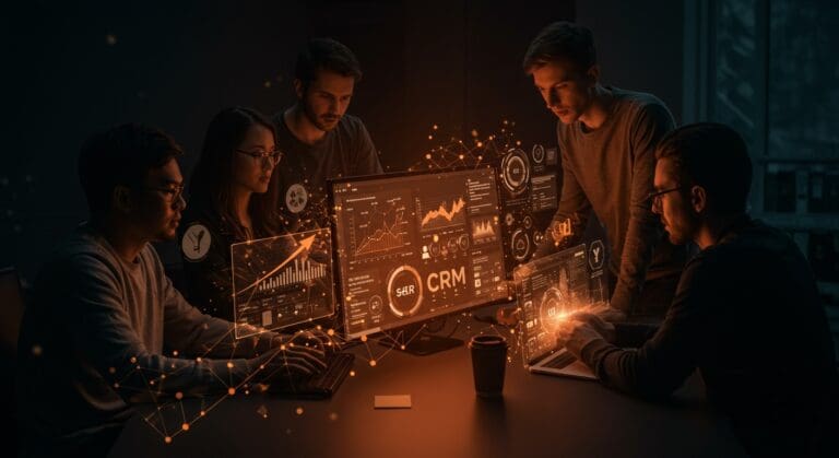 Fundadores de startups colaborando con un CRM nativo en inteligencia artificial en un entorno digital avanzado, destacando innovación y automatización para el ecosistema startup.