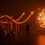 Interfaz digital de búsqueda potenciada por IA generativa de LinkedIn mostrando perfiles y escalabilidad a 1.3 mil millones de usuarios en ecosistema startup.