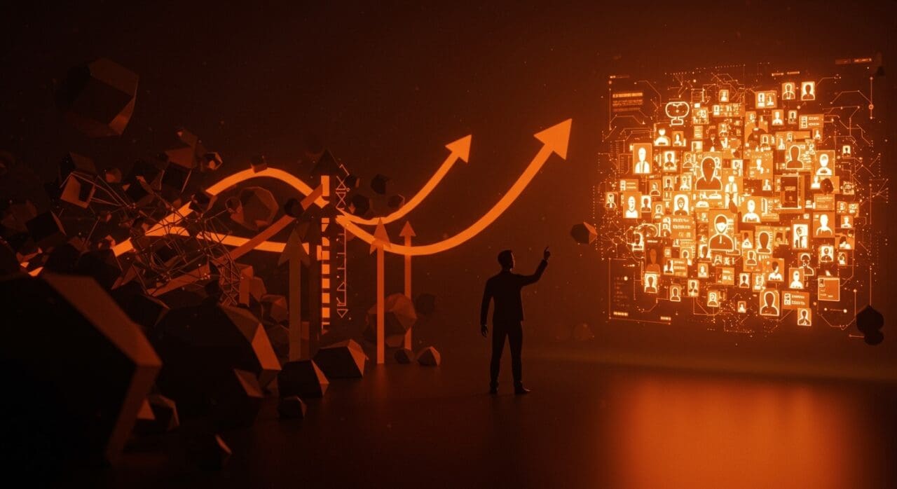 Interfaz digital de búsqueda potenciada por IA generativa de LinkedIn mostrando perfiles y escalabilidad a 1.3 mil millones de usuarios en ecosistema startup.