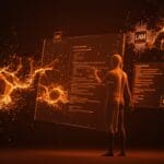 Ilustración conceptual de inteligencia artificial creando intérpretes con LLM y programación funcional para automatización y desarrollo de software.