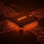 Microprocesador 6502 iluminado en tonos naranja y negro, representando LLVM-MOS y desarrollo de software retro moderno.