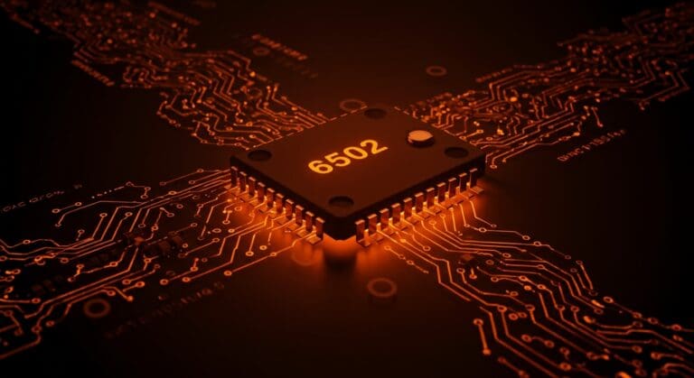 Microprocesador 6502 iluminado en tonos naranja y negro, representando LLVM-MOS y desarrollo de software retro moderno.