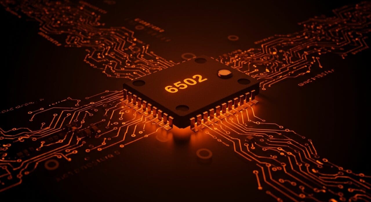 Microprocesador 6502 iluminado en tonos naranja y negro, representando LLVM-MOS y desarrollo de software retro moderno.