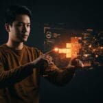 Founder de startup tech creando software no-code impulsado por inteligencia artificial en un entorno digital innovador.