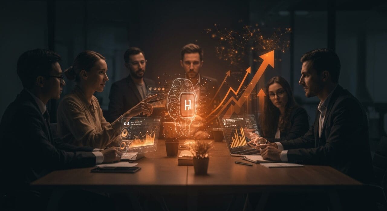 Reunión corporativa con interfaces holográficas que representan IA aplicada y crecimiento de usuarios en tecnología SaaS.