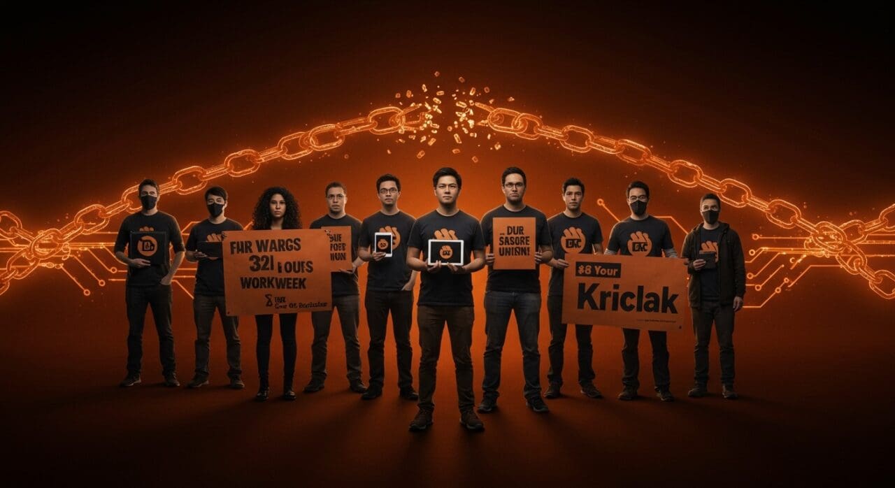 Trabajadores tech unidos demandando salarios dignos y semana laboral reducida en Kickstarter, simbolizando justicia y equidad laboral en la industria tecnológica.