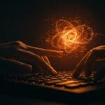 Macro recursivas en C representadas como estructuras de código holográfico en naranja y negro, destacando metaprogramación y optimización en desarrollo de software.