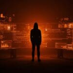 Silueta de hacker ante pantalla holográfica que representa la cultura e innovación en seguridad del Manifiesto del Hacker en startups.