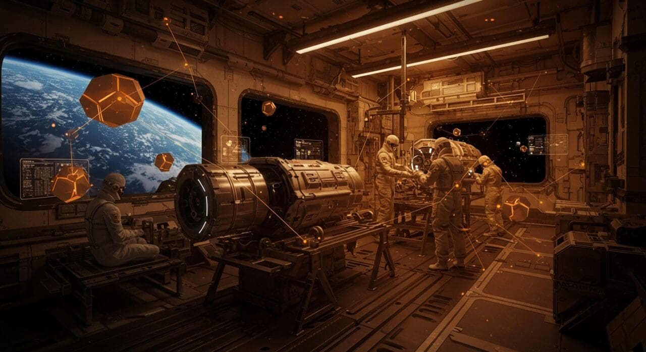 Manufactura espacial avanzada en orbitación, ilustrando innovación tecnológica y oportunidades para startups en el ecosistema space tech.