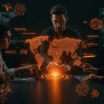 Equipo de startup interactuando con modelo de mundo 3D usando IA multimodal para creación y edición, en ambiente tecnológico con paleta naranja y negro.