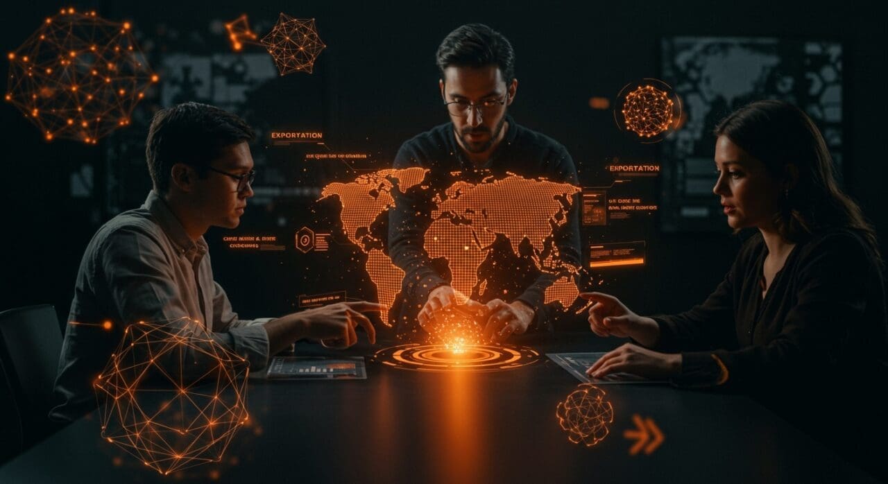 Equipo de startup interactuando con modelo de mundo 3D usando IA multimodal para creación y edición, en ambiente tecnológico con paleta naranja y negro.