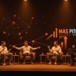 Startup founders participando en MAS Pitch 2025, evento de innovación, financiamiento y networking para startups.