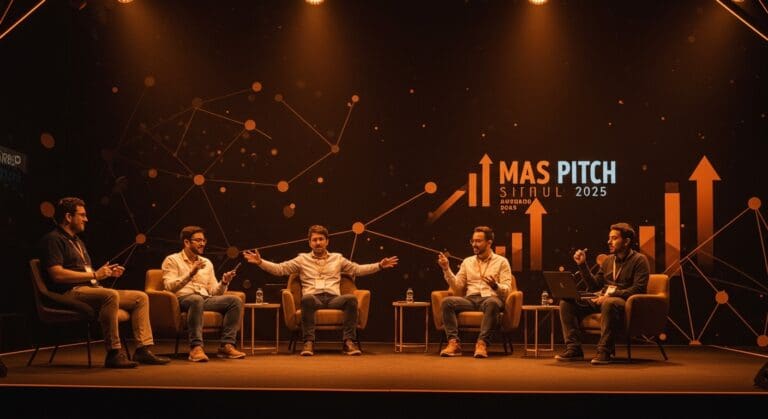 Startup founders participando en MAS Pitch 2025, evento de innovación, financiamiento y networking para startups.