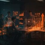 Equipo de founders colaborando en el ecosistema de startups de Medellín con representaciones visuales de crecimiento, innovación y financiación.