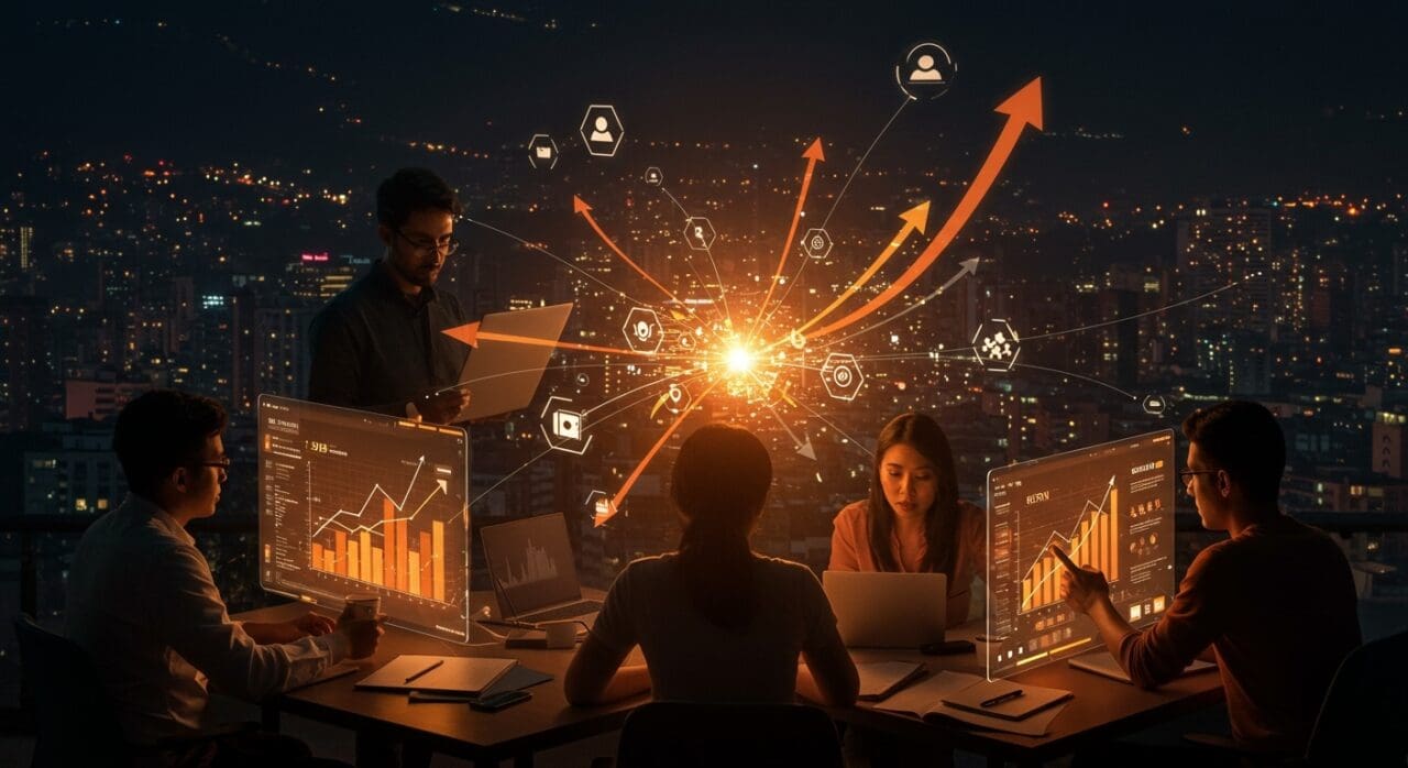 Ecosistema startup de Medellín mostrando empresarios colaborando con gráficos de crecimiento y tecnología, destacando innovación y expansión en Colombia.