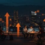 Ecosistema de startups en Medellín mostrando innovación y crecimiento tecnológico con emprendedores colaborando y elementos visuales de expansión.