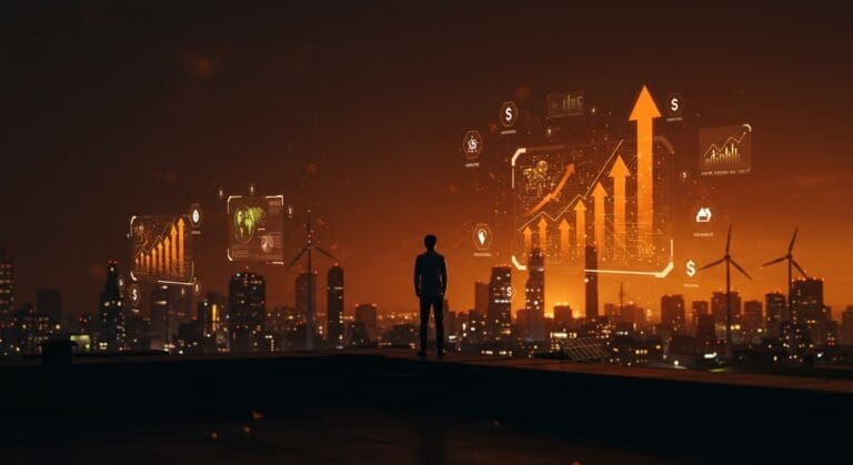 Fundador observando tecnologías limpias y crecimiento de inversión en tecnología climática en un entorno urbano futurista.