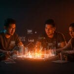 Fundadores de startups colaborando sobre un holograma de ciudades líderes para startups en 2025 resaltando oportunidades e inversión en ecosistemas globales.