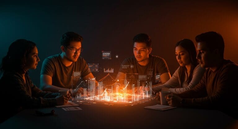 Fundadores de startups colaborando sobre un holograma de ciudades líderes para startups en 2025 resaltando oportunidades e inversión en ecosistemas globales.