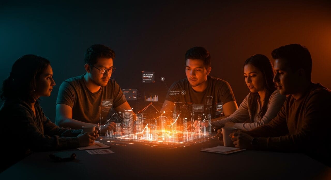 Fundadores de startups colaborando sobre un holograma de ciudades líderes para startups en 2025 resaltando oportunidades e inversión en ecosistemas globales.