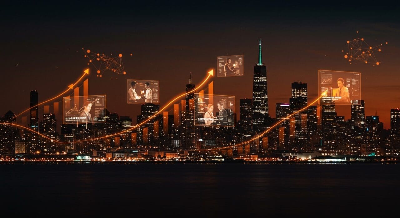 Ciudades líderes para startups en 2025 con metrópolis iluminadas en naranja y negro, representando inversión, innovación y ecosistema emprendedor global.