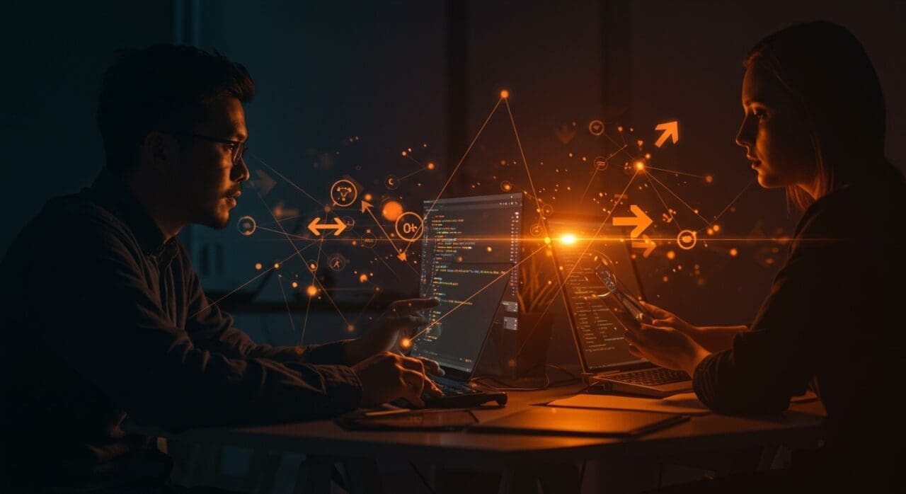 Equipo técnico colaborando eficientemente con comunicación técnica clara y fluida, evitando capturas de pantalla estáticas en el entorno startup.