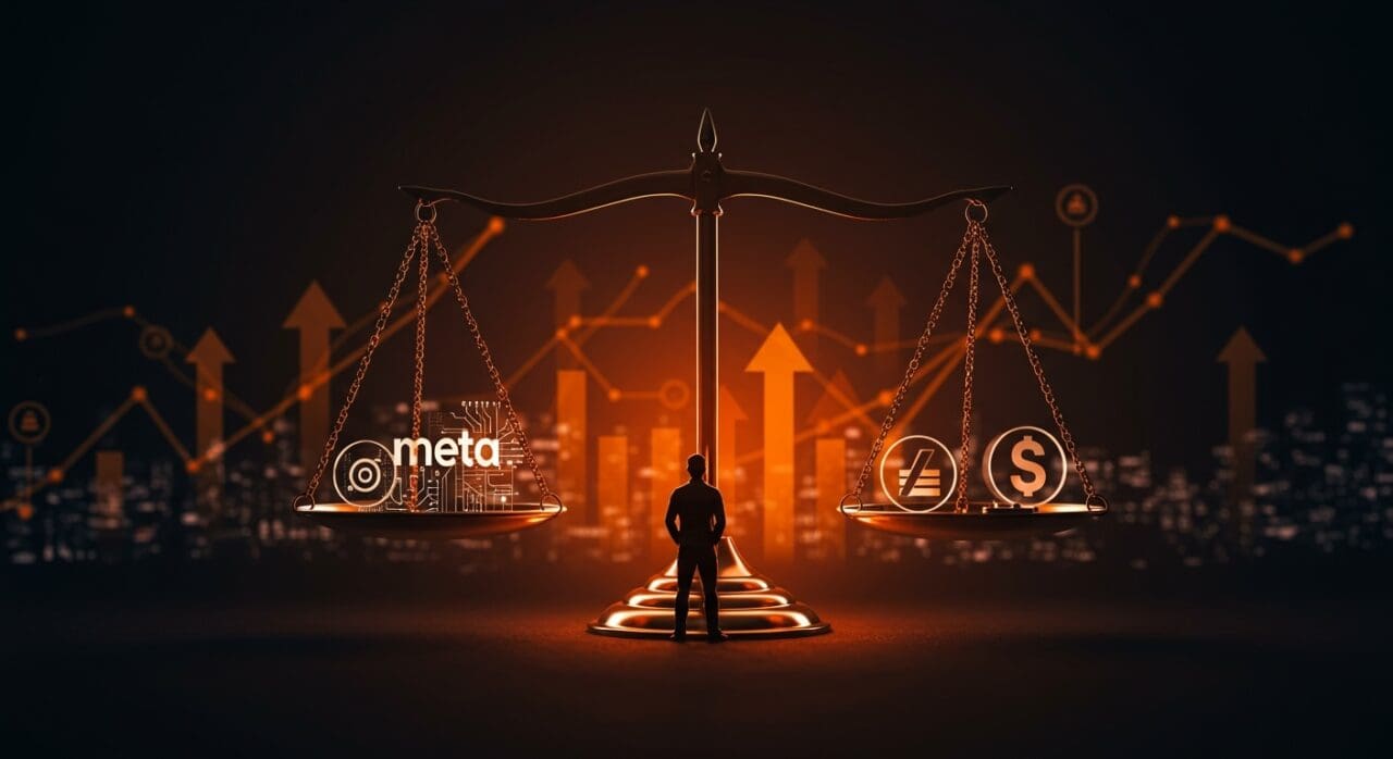 Impacto regulatorio tras juicio antimonopolio a Meta en la industria tech, ilustrado con fundador frente a balanza digital y elementos de regulación y startups.