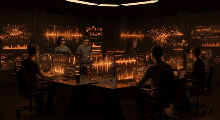 Interfaz futurista mostrando tecnología de reconocimiento de voz multilingüe de IA open source de Meta para startups tecnológicas.