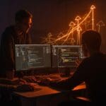 Fundadores de startups tech discutiendo trade-offs entre microservicios y programación orientada a objetos para arquitectura de software escalable.