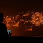 Ilustración digital de agentes de inteligencia artificial en un mercado sintético destacando la innovación y pruebas tecnológicas de Microsoft.