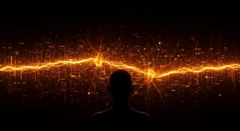 Modelo de razonamiento en inteligencia artificial representado con redes neuronales y flujos de datos en tonos naranja y negro, explorando el pensamiento computacional a gran escala.