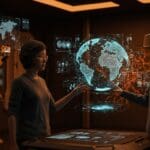Modelos del mundo en IA representados con investigadores y hologramas en laboratorio futurista, destacando simulación y realidad virtual.