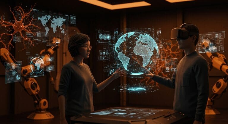 Modelos del mundo en IA representados con investigadores y hologramas en laboratorio futurista, destacando simulación y realidad virtual.